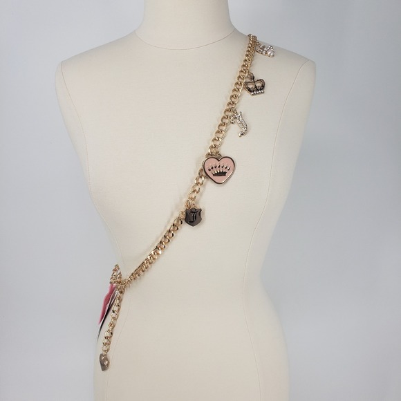 Juicy Couture Charm Chain Belt Women 2X Gold Pink Heart Crown Bee Y2K Rhinestone